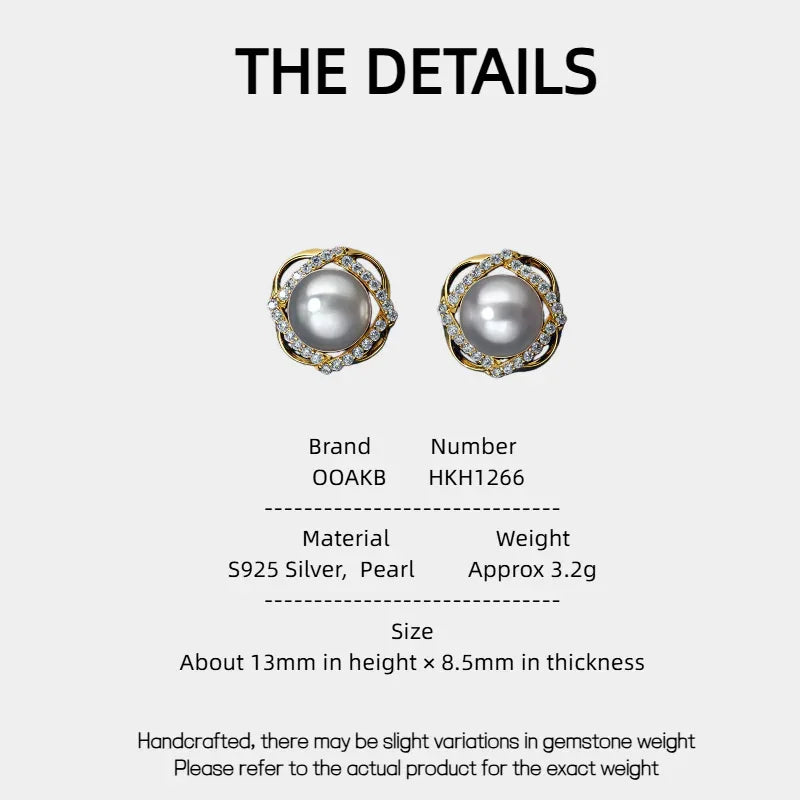 Pearl Halo Stud Earrings — specification card with material and size details