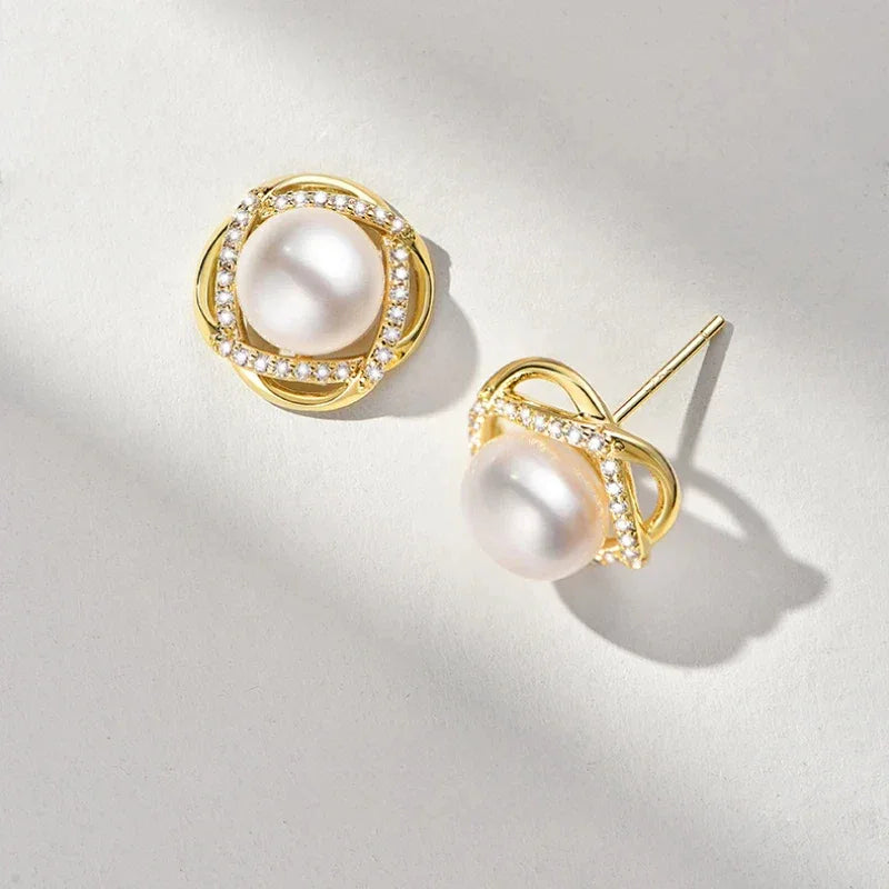 Pearl Halo Stud Earrings — rear-angled pair showing both post backs