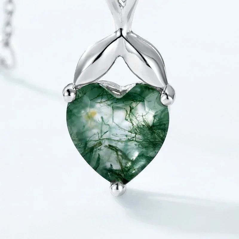 Fresh Heart-Shaped Moss Agate Pendant Necklace — angled pendant and chain detail 4