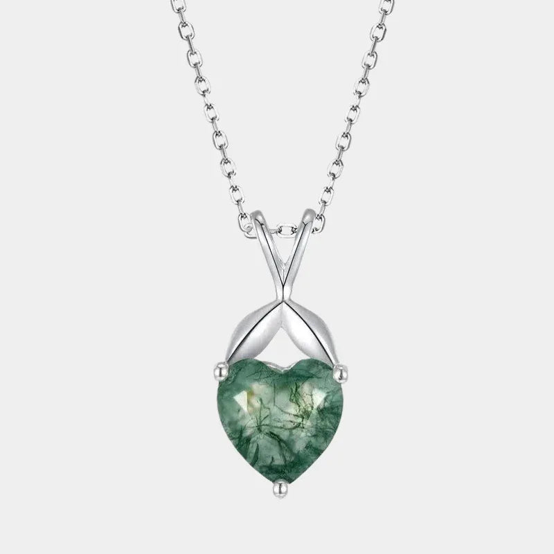 Fresh Heart-Shaped Moss Agate Pendant Necklace — full necklace view on a light background