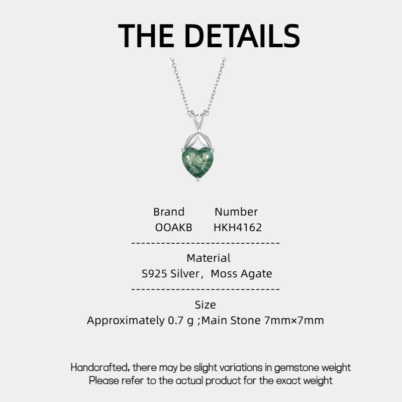 Fresh Heart-Shaped Moss Agate Pendant Necklace — Moss Agate specification card with material and measurements