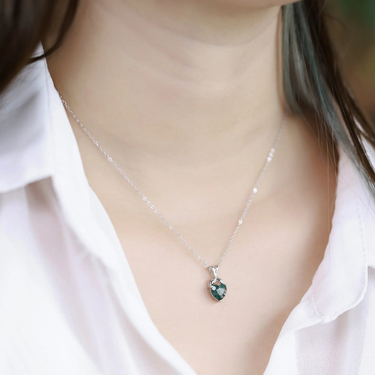 Fresh Heart-Shaped Moss Agate Pendant Necklace — neckline scale view 2