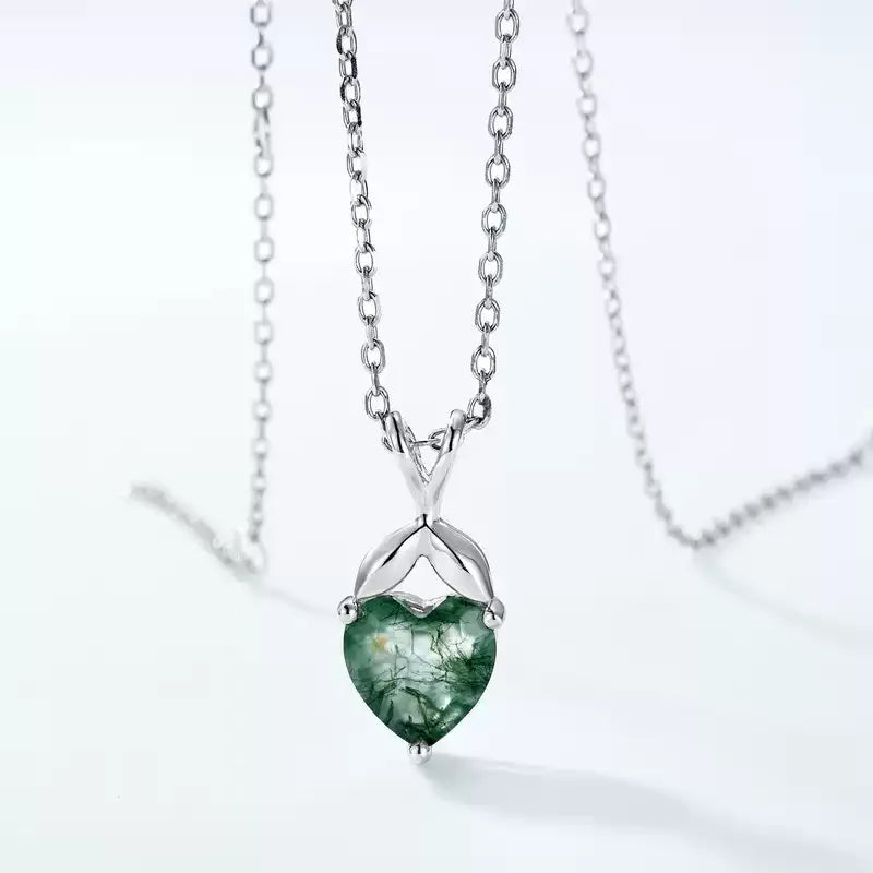 Fresh Heart-Shaped Moss Agate Pendant Necklace — pendant close-up 3