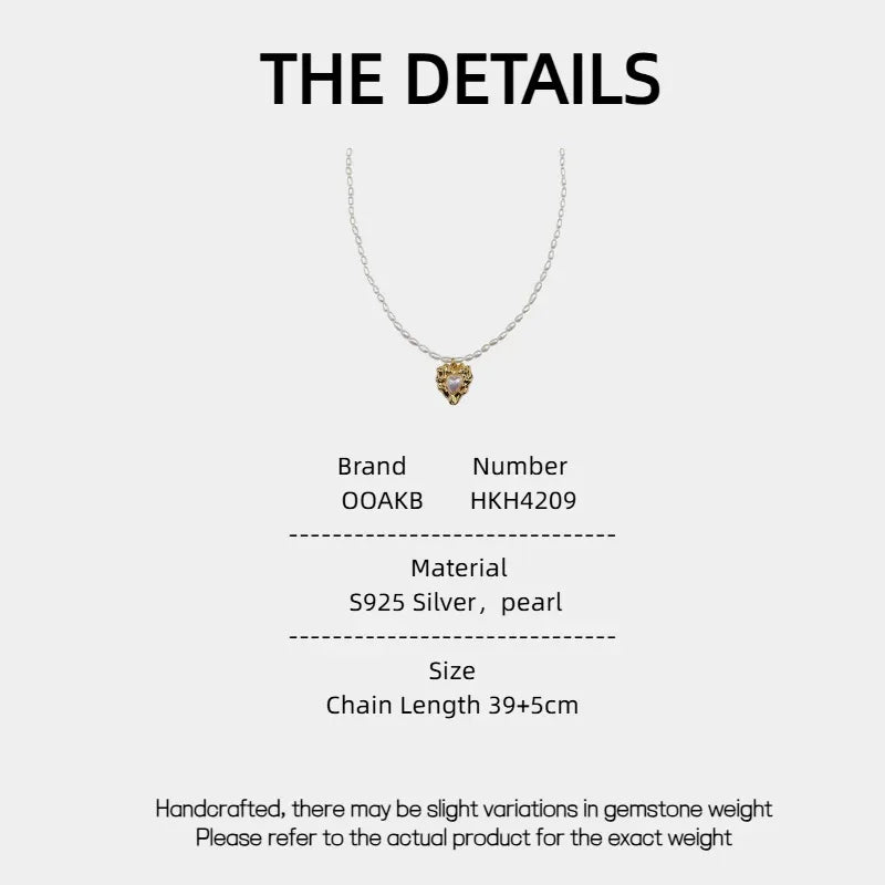 Pearl Heart Pendant Necklace with Gold-Tone Frame — specification card with material and size details