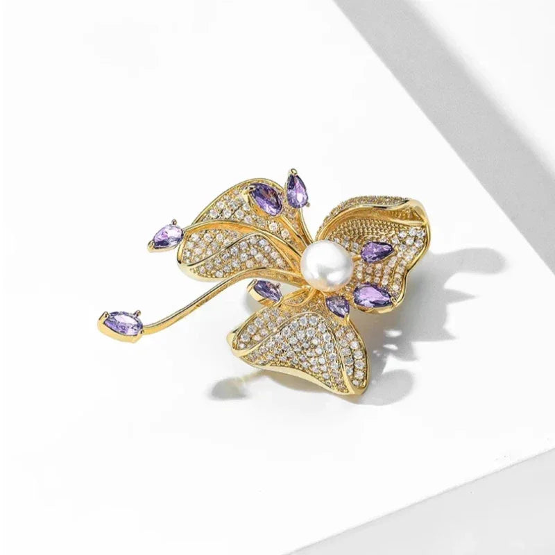 Freshwater Pearl and Cubic Zirconia Bauhinia Brooch — angled product view on white