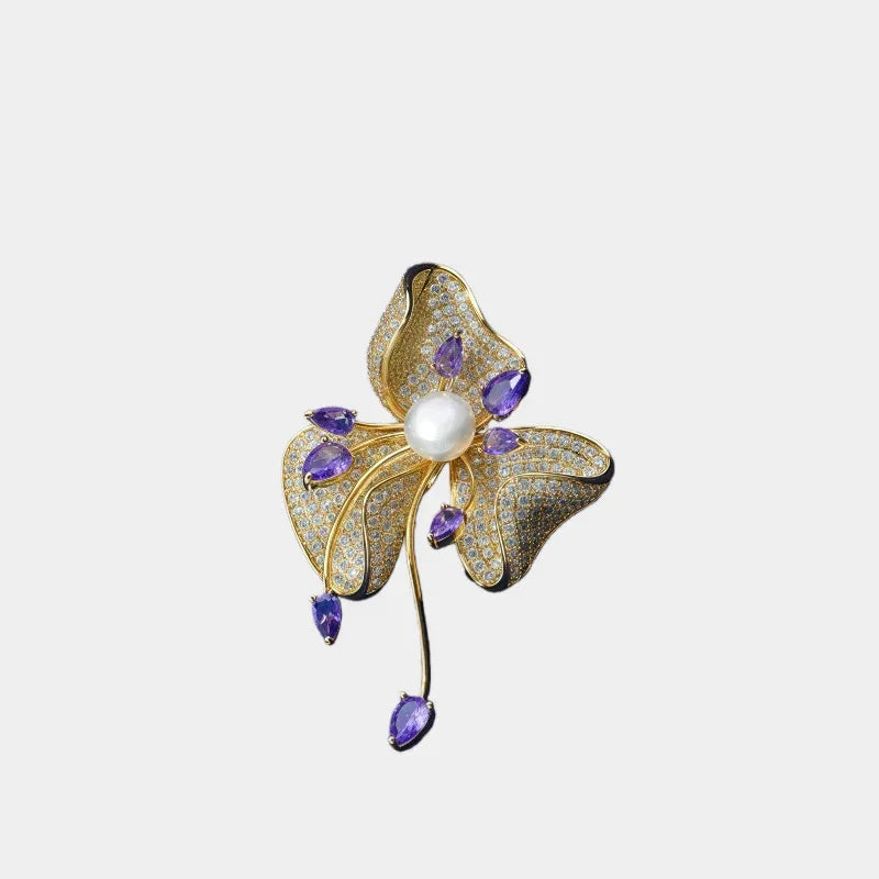 Freshwater Pearl and Cubic Zirconia Bauhinia Brooch — front view of gold-tone bauhinia brooch