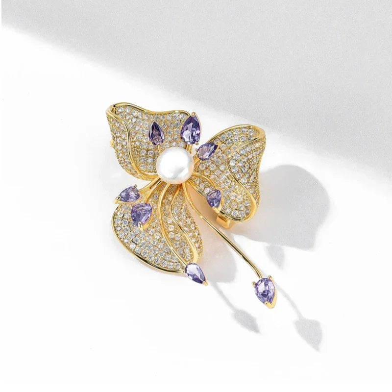 Freshwater Pearl and Cubic Zirconia Bauhinia Brooch — alternate isolated product angle