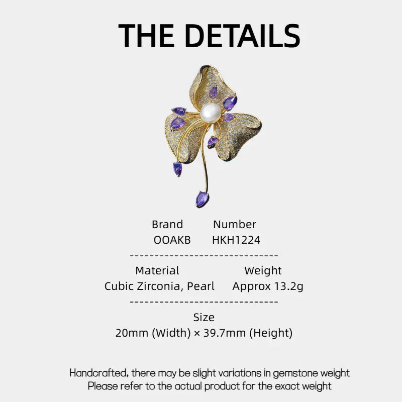 Freshwater Pearl and Cubic Zirconia Bauhinia Brooch — specification card with material and size details