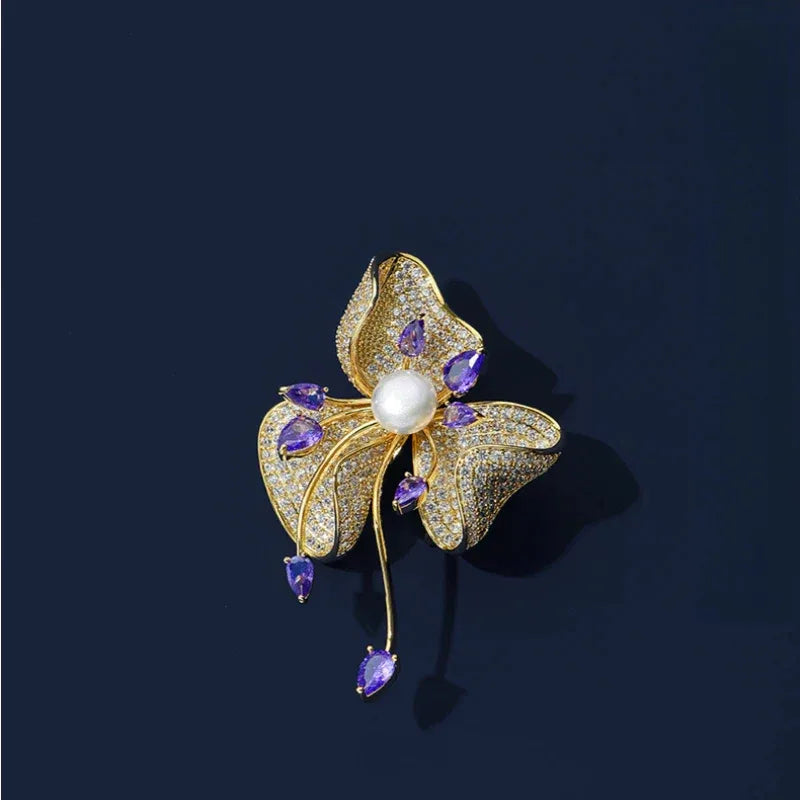 Freshwater Pearl and Cubic Zirconia Bauhinia Brooch — front product view on a dark background