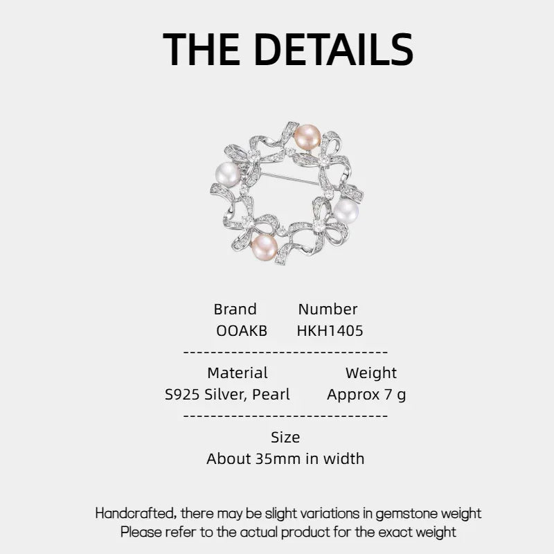 Pearl Bow Wreath Brooch — specification card with material and size details