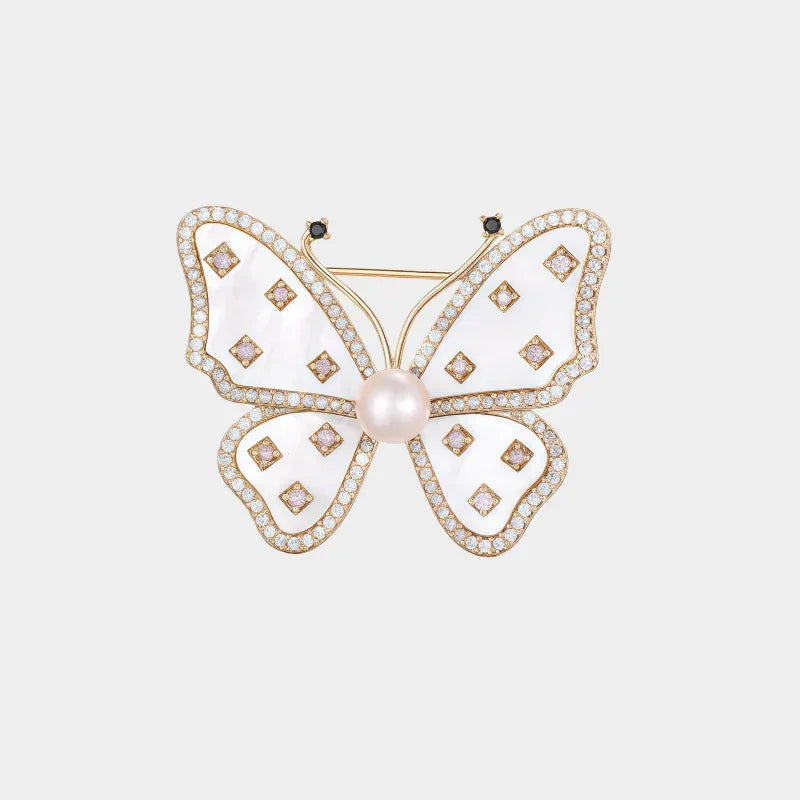 White Mother-of-Pearl Butterfly Brooch with Pearl — front view of white butterfly brooch