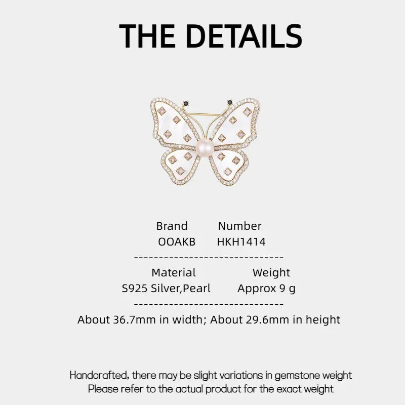 White Mother-of-Pearl Butterfly Brooch with Pearl — specification card with material and size details