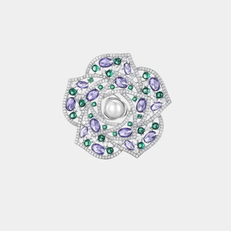 Pearl Purple and Green Camellia Brooch — front view of purple-and-green camellia brooch