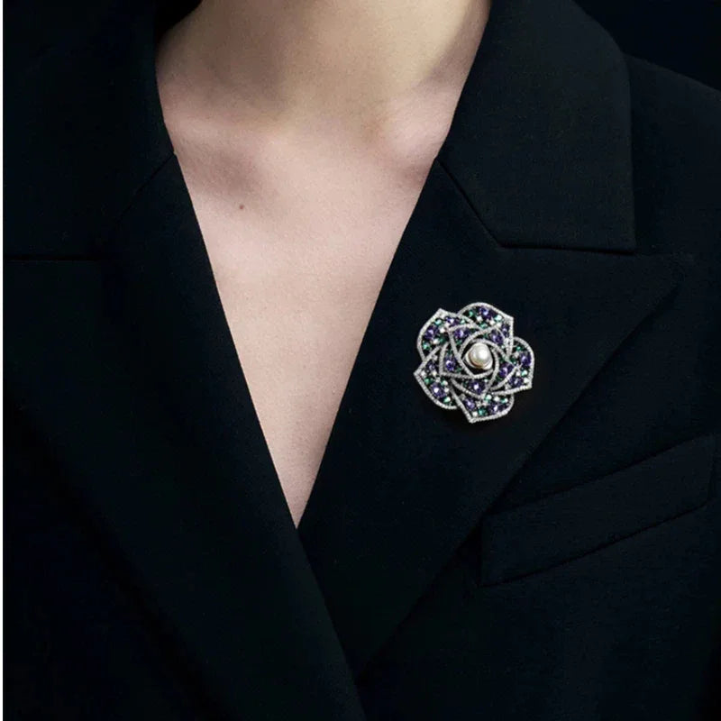 Pearl Purple and Green Camellia Brooch — alternate black-blazer worn view