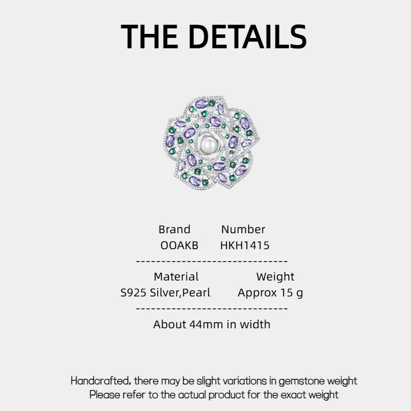 Pearl Purple and Green Camellia Brooch — specification card with material and size details