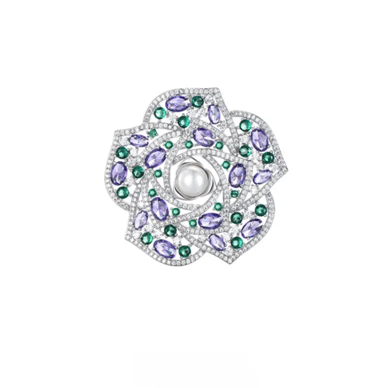 Pearl Purple and Green Camellia Brooch — isolated front view on a white background