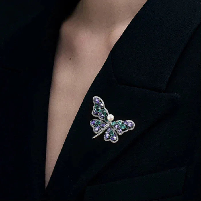 Pearl Purple and Aqua Butterfly Brooch — alternate black-blazer worn view