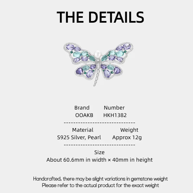 Pearl Purple and Aqua Butterfly Brooch — specification card with material and size details
