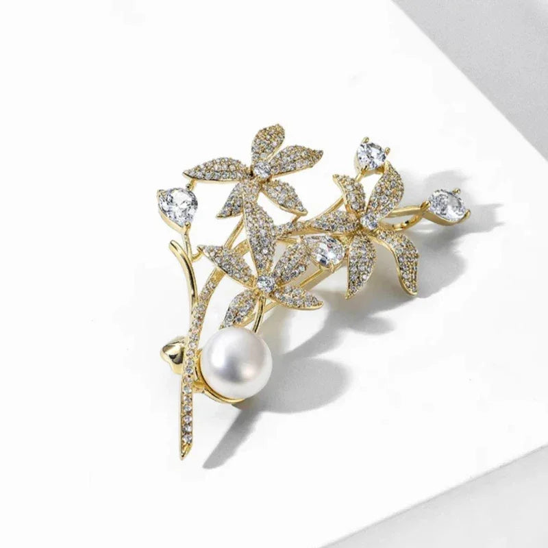 Freshwater Pearl Daffodil Branch Brooch — angled product view on white