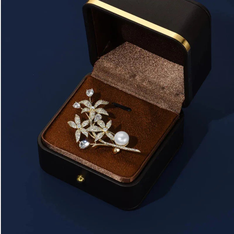Freshwater Pearl Daffodil Branch Brooch — brooch displayed inside a jewelry gift box