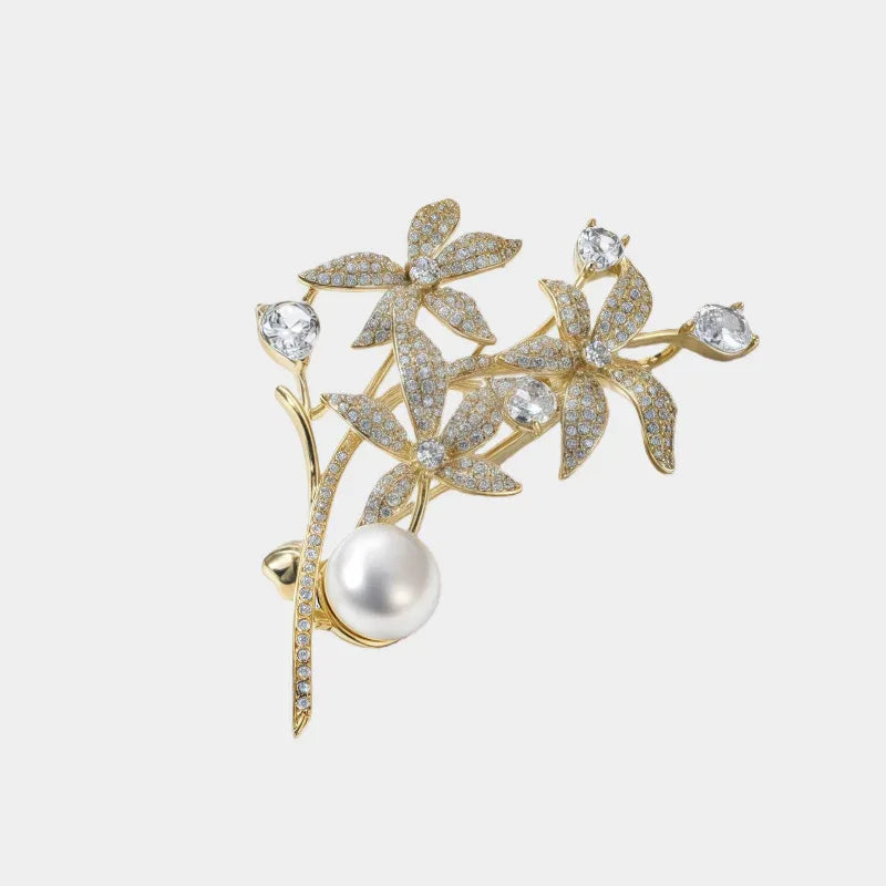 Freshwater Pearl Daffodil Branch Brooch — front view of gold-tone floral branch brooch