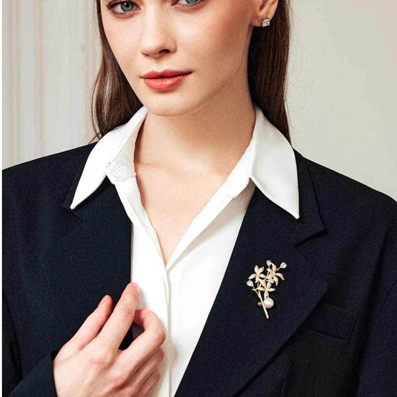 Freshwater Pearl Daffodil Branch Brooch — alternate waist-up model view