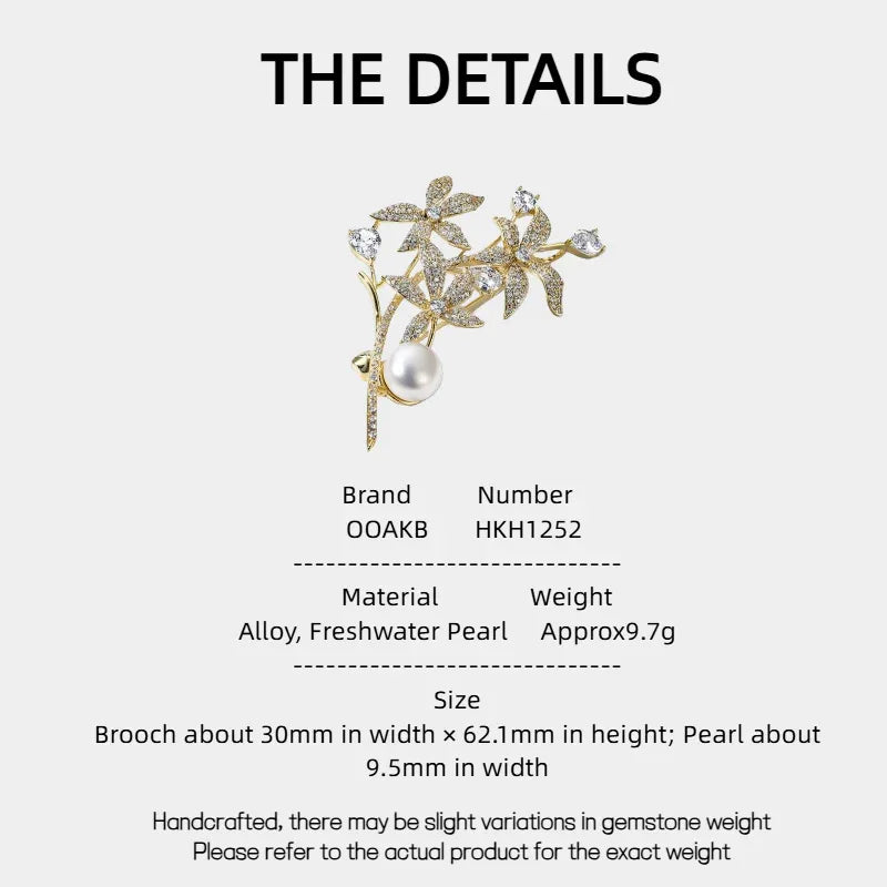Freshwater Pearl Daffodil Branch Brooch — specification card with material and size details
