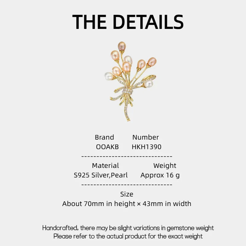 Two-Tone Pearl Spray Bouquet Brooch — specification card with material and size details