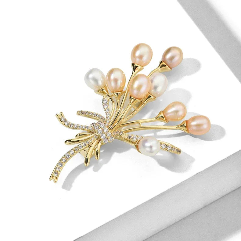 Two-Tone Pearl Spray Bouquet Brooch — angled product view on white