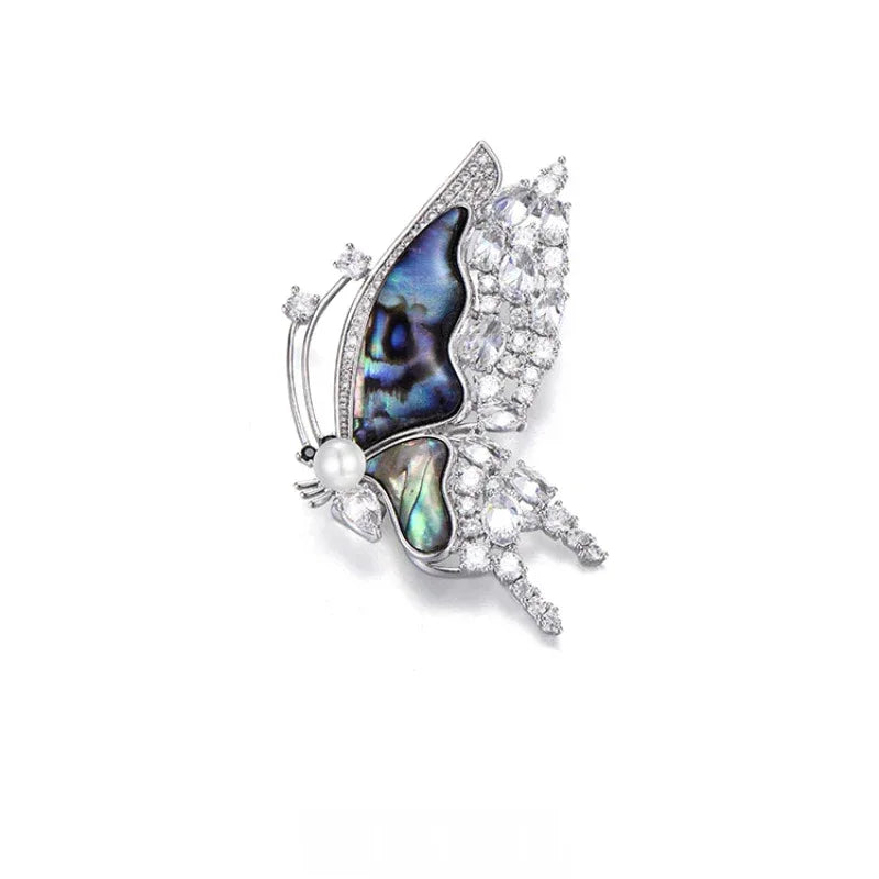 Blue-Green Mother-of-Pearl Butterfly Brooch with Pearl — front product view on white