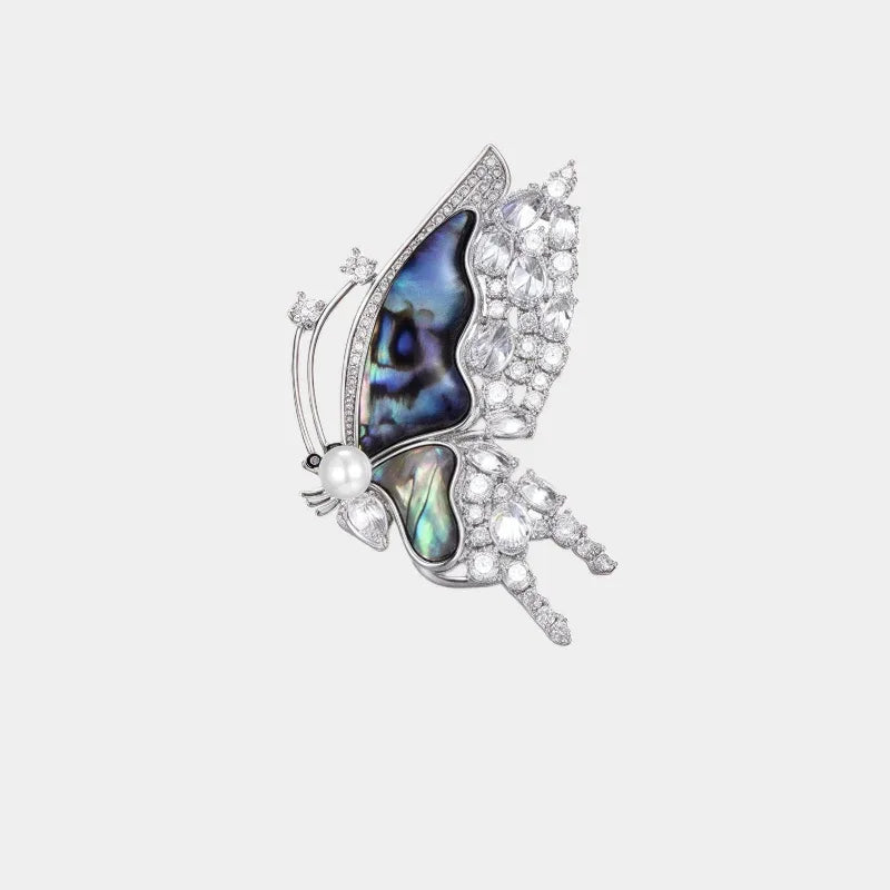 Blue-Green Mother-of-Pearl Butterfly Brooch with Pearl — front view of blue-green mother-of-pearl butterfly brooch