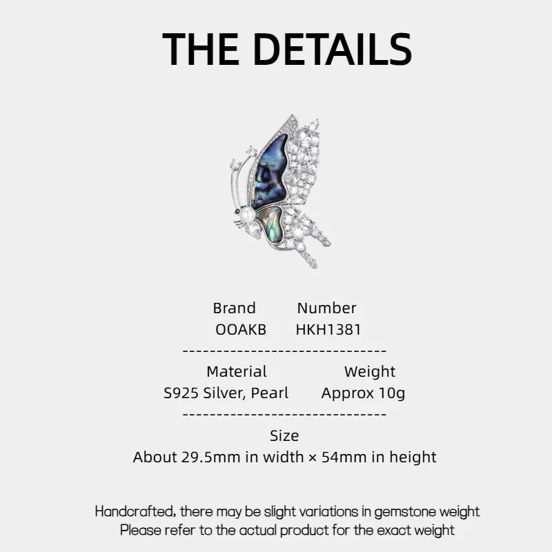 Blue-Green Mother-of-Pearl Butterfly Brooch with Pearl — specification card with material and size details