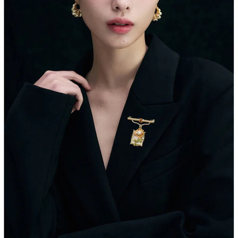 Pearl Sunflower Frame Brooch — model portrait with the brooch pinned on a black blazer