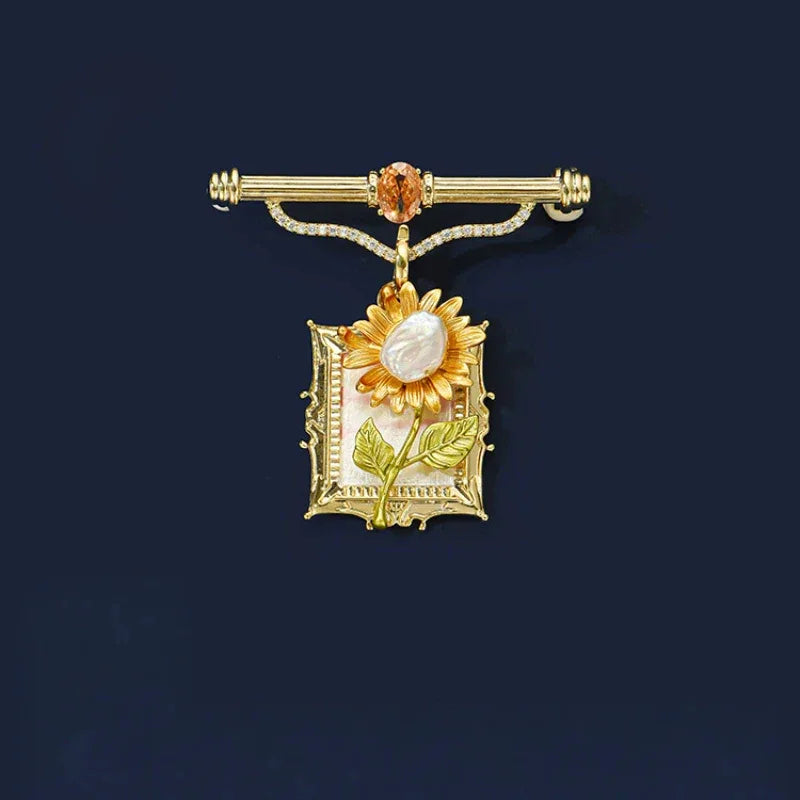 Pearl Sunflower Frame Brooch — front product view on a dark background