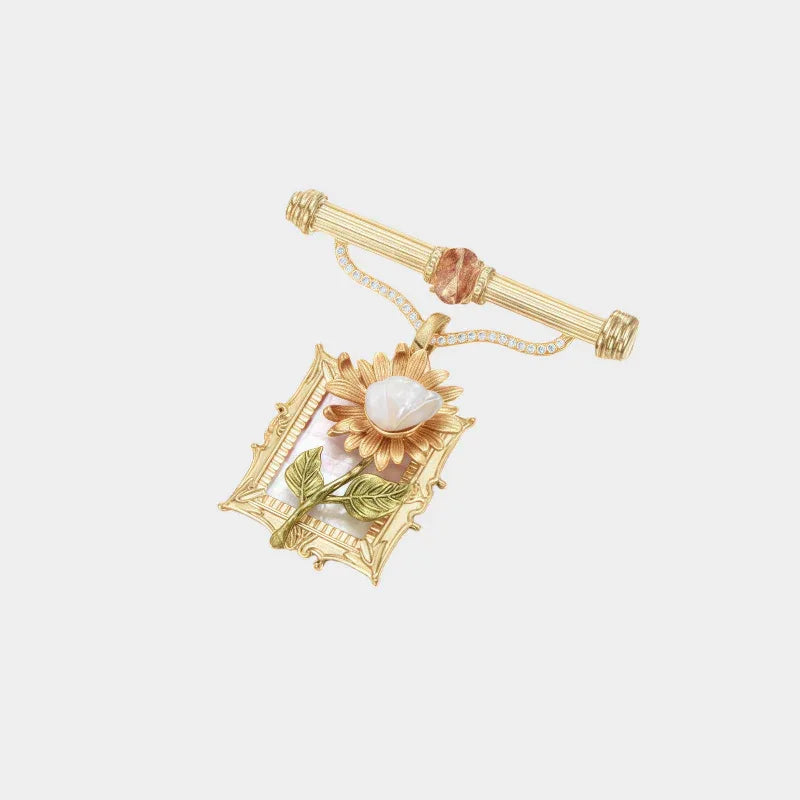 Pearl Sunflower Frame Brooch — front view of gold-tone sunflower frame brooch