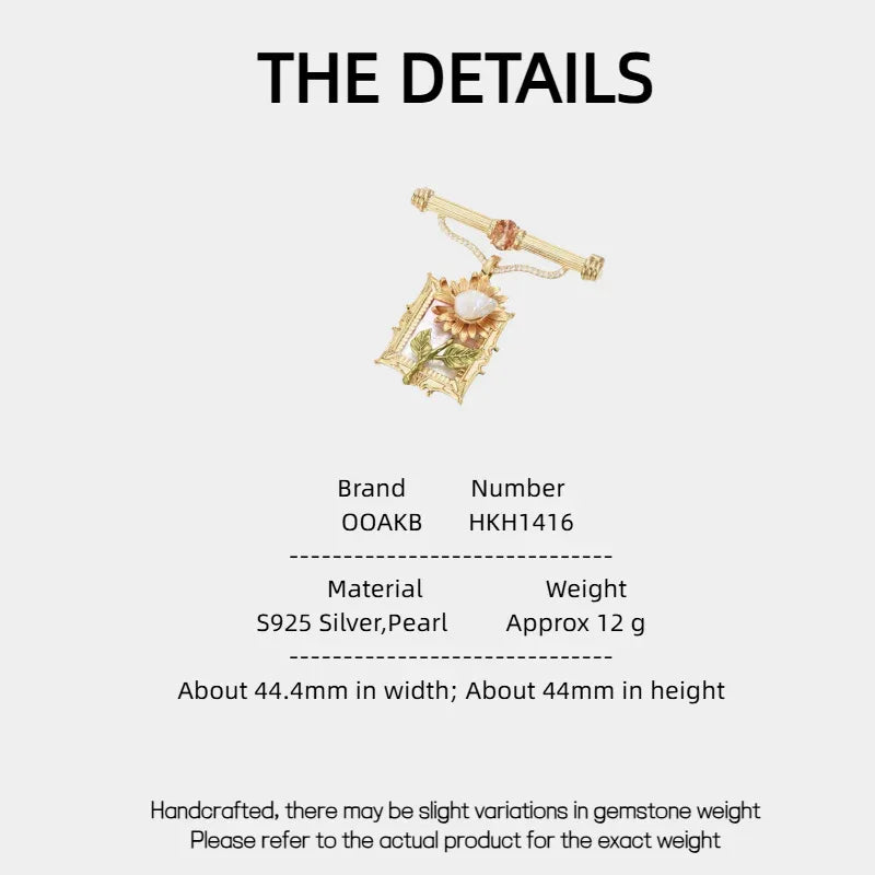 Pearl Sunflower Frame Brooch — specification card with material and size details