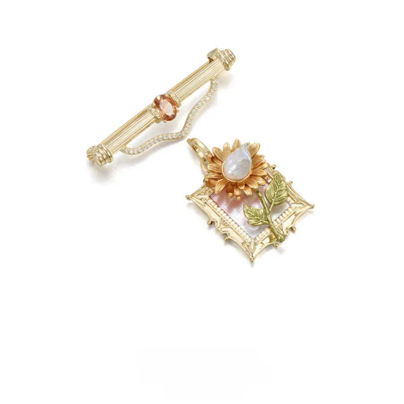 Pearl Sunflower Frame Brooch — angled product view on white showing design and scale