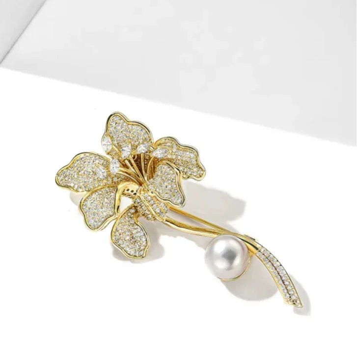 Freshwater Pearl Iris Flower Brooch — angled product view showing the flower petals and curved stem