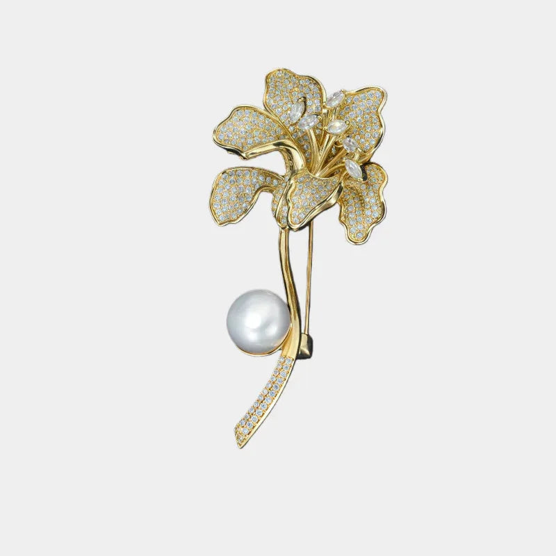 Freshwater Pearl Iris Flower Brooch — front view of gold-tone iris flower brooch