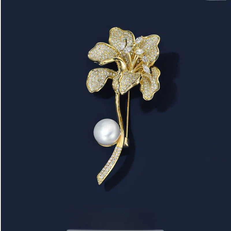 Freshwater Pearl Iris Flower Brooch — front product view on a dark background