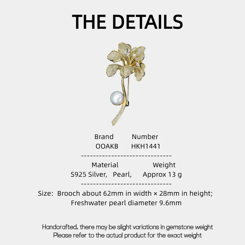 Freshwater Pearl Iris Flower Brooch — specification card with material and size details