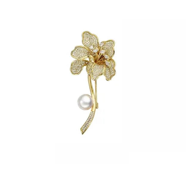 Freshwater Pearl Iris Flower Brooch — isolated front view on white