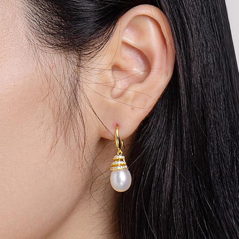 Pearl Beehive Drop Earrings in Gold-Plated S925 Silver — right-ear worn close-up showing the hook and drop length
