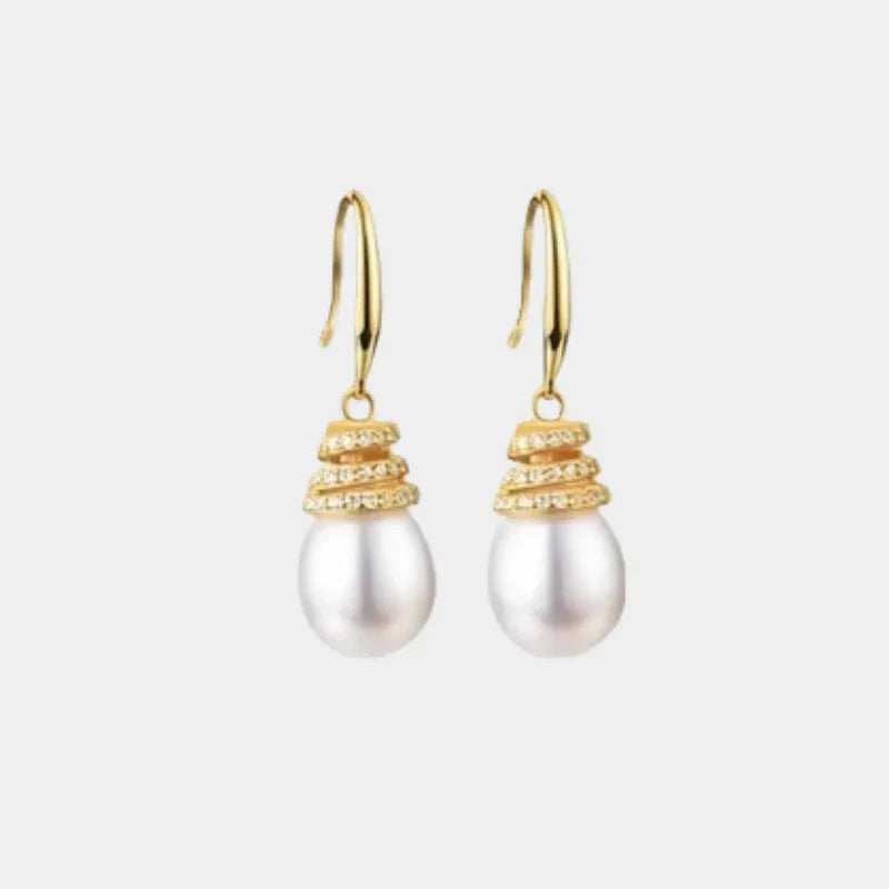 Pearl Beehive Drop Earrings in Gold-Plated S925 Silver — front view of gold-tone pearl drop earrings