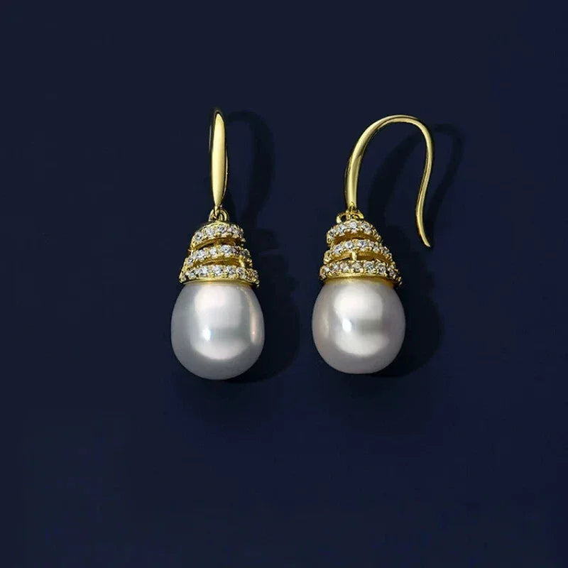 Pearl Beehive Drop Earrings in Gold-Plated S925 Silver — pair displayed on a dark background