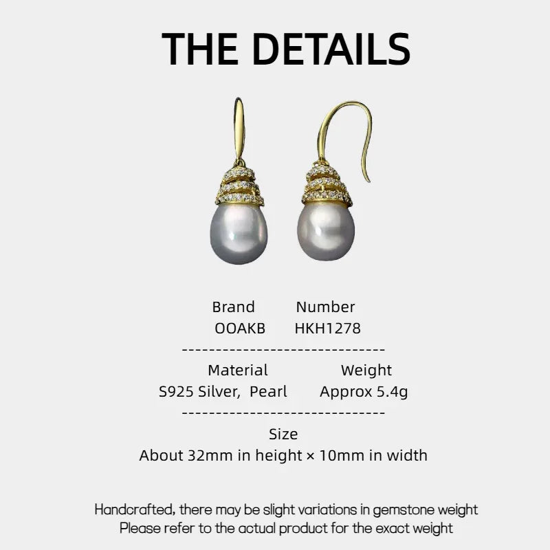 Pearl Beehive Drop Earrings in Gold-Plated S925 Silver — specification card with material and size details