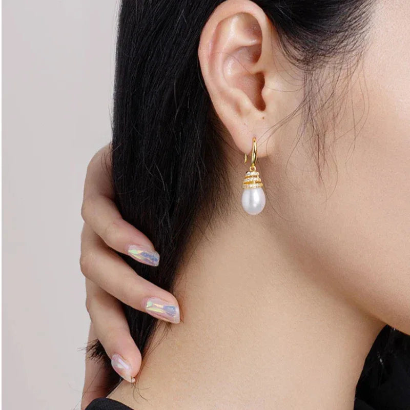 Pearl Beehive Drop Earrings in Gold-Plated S925 Silver — alternate right-ear worn view from behind