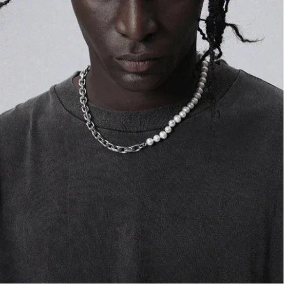 Freshwater Pearl and Steel Half-Chain Necklace — front model portrait wearing the asymmetrical necklace