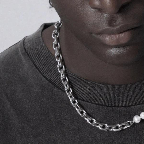 Freshwater Pearl and Steel Half-Chain Necklace — close worn view emphasizing the steel chain half