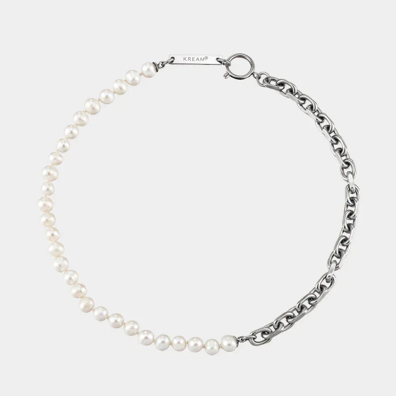 Freshwater Pearl and Steel Half-Chain Necklace — front view of half-pearl half-steel chain necklace
